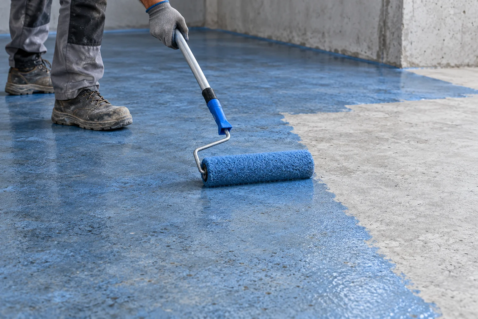 Illustrative application: roller spreading a thin blue bonding primer on grey concrete.