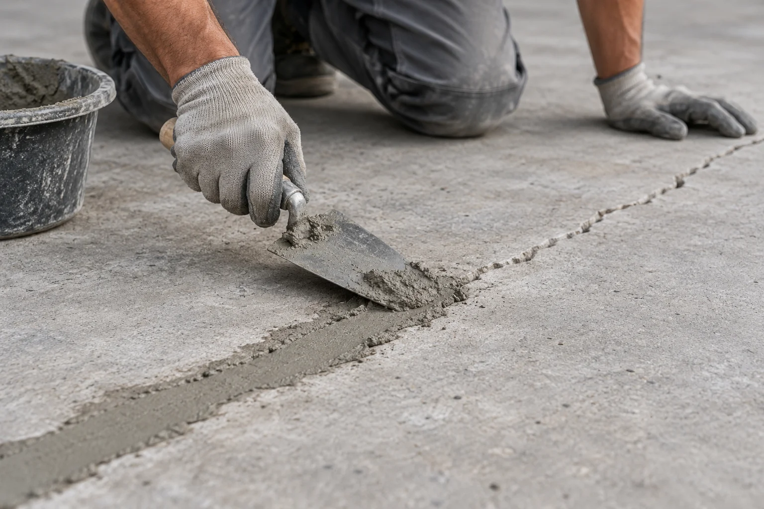 Illustrative application: worker pressing grey repair mortar into a concrete floor crack with a metal trowel.